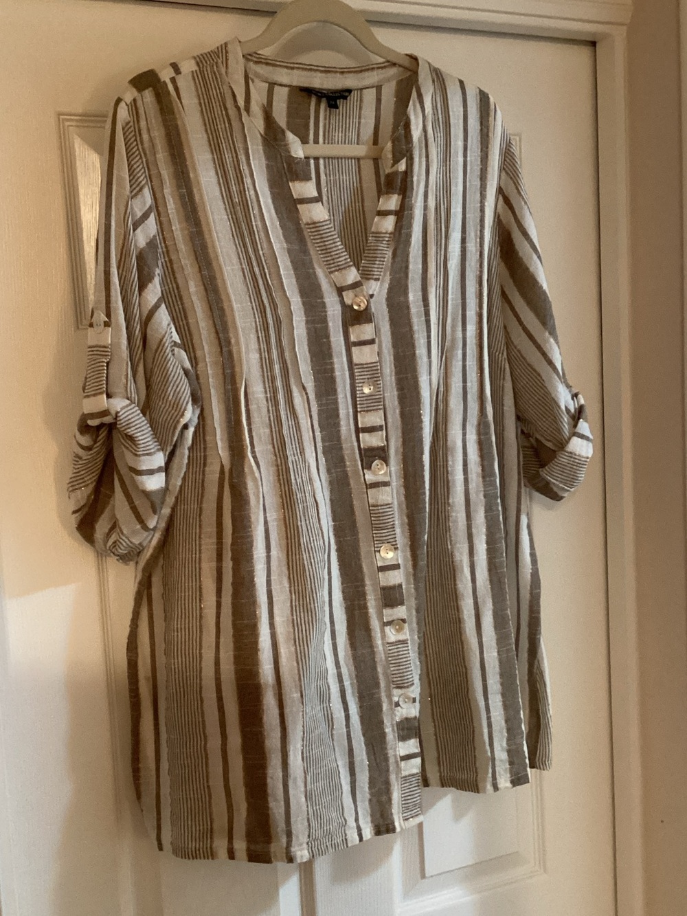 Striped Button-Front Tunic Shirt in Cream and Tan